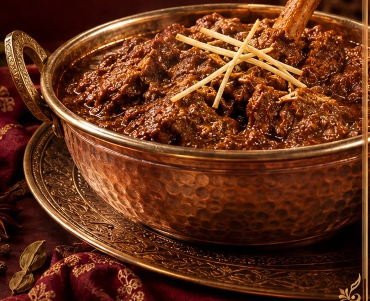 Royal mutton korma in a hammered copper handi, garnished with ginger juliennes